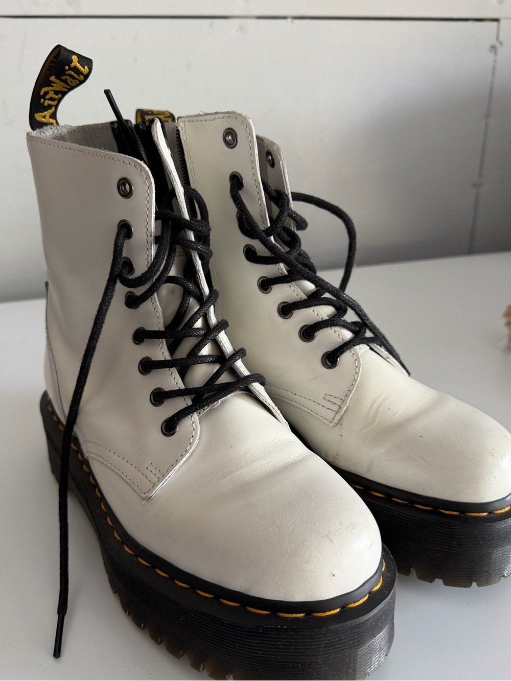 Dr. Martens White Platform Lace-Up Combat Boots with Yellow Stitching